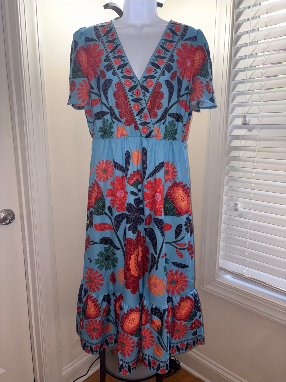 SHEIN Blue Floral V-Neck Midi Dress with Red & Orange Blooms, women’s L (8-10)